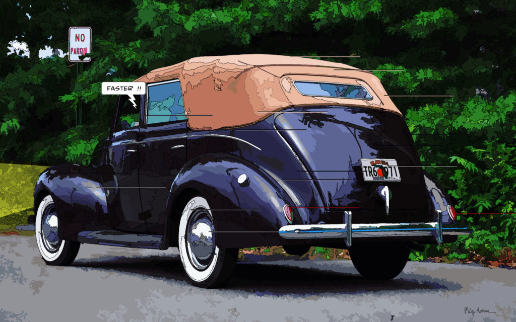 Voiture américaine vintage route — art Ligne Claire Motors — Philippe Matine