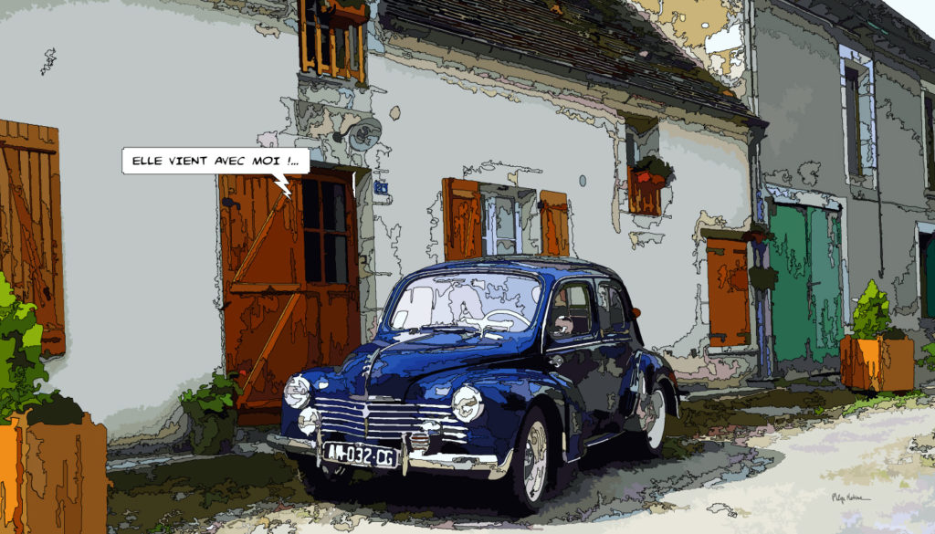 Renault 4CV bleue village français — art Ligne Claire Motors — Philippe Matine