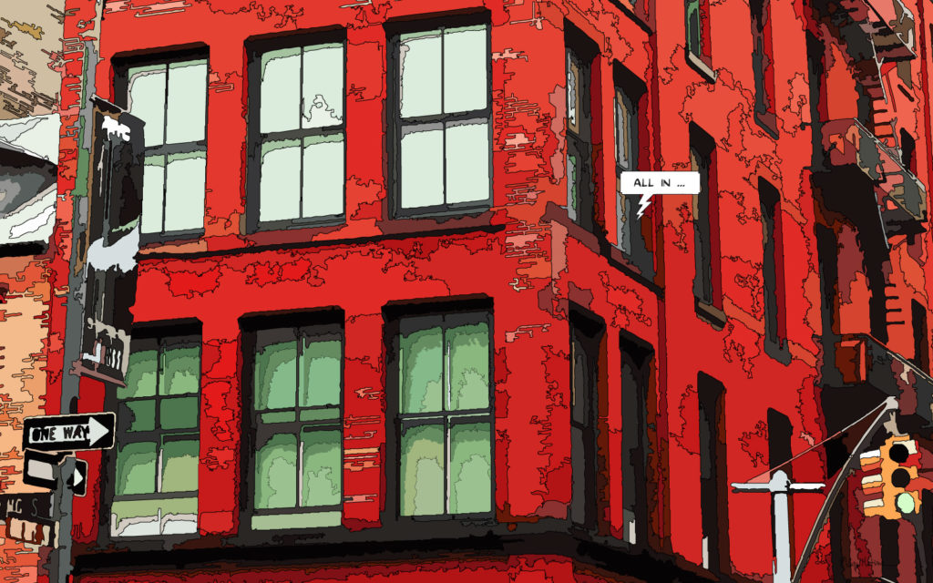 Immeuble rouge New York façade et fenêtres — art Ligne Claire New York — Philippe Matine