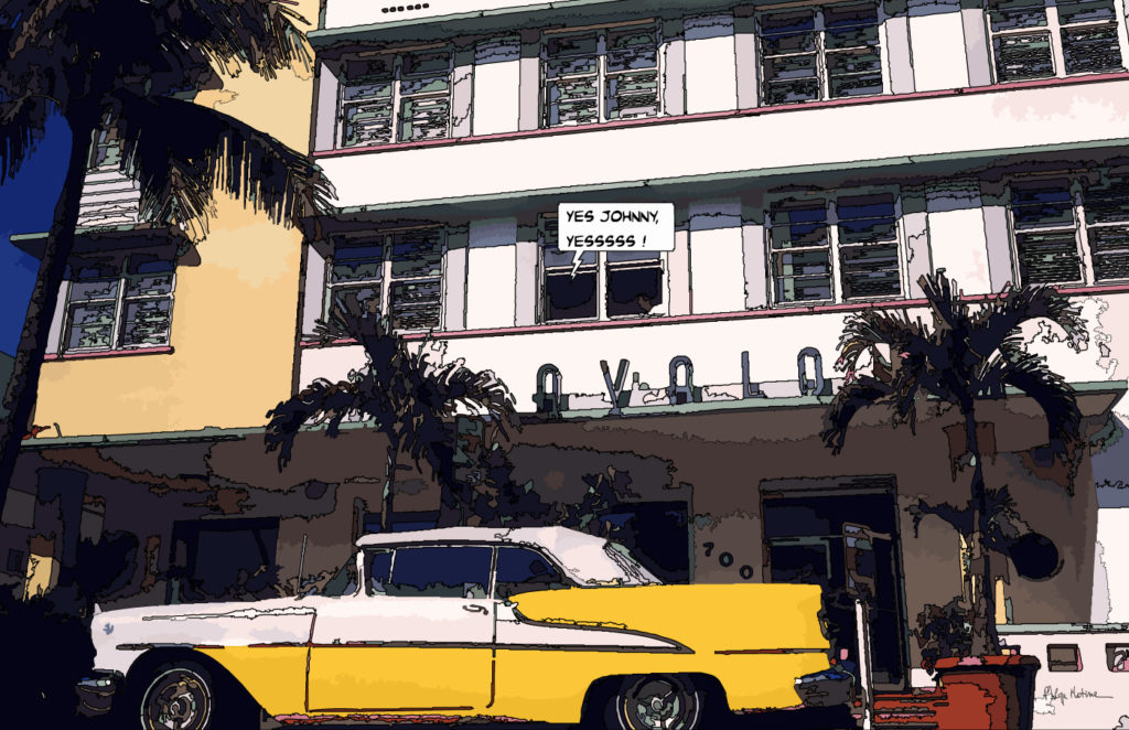 Cadillac jaune Avalon Miami Beach — art Ligne Claire Miami — Philippe Matine