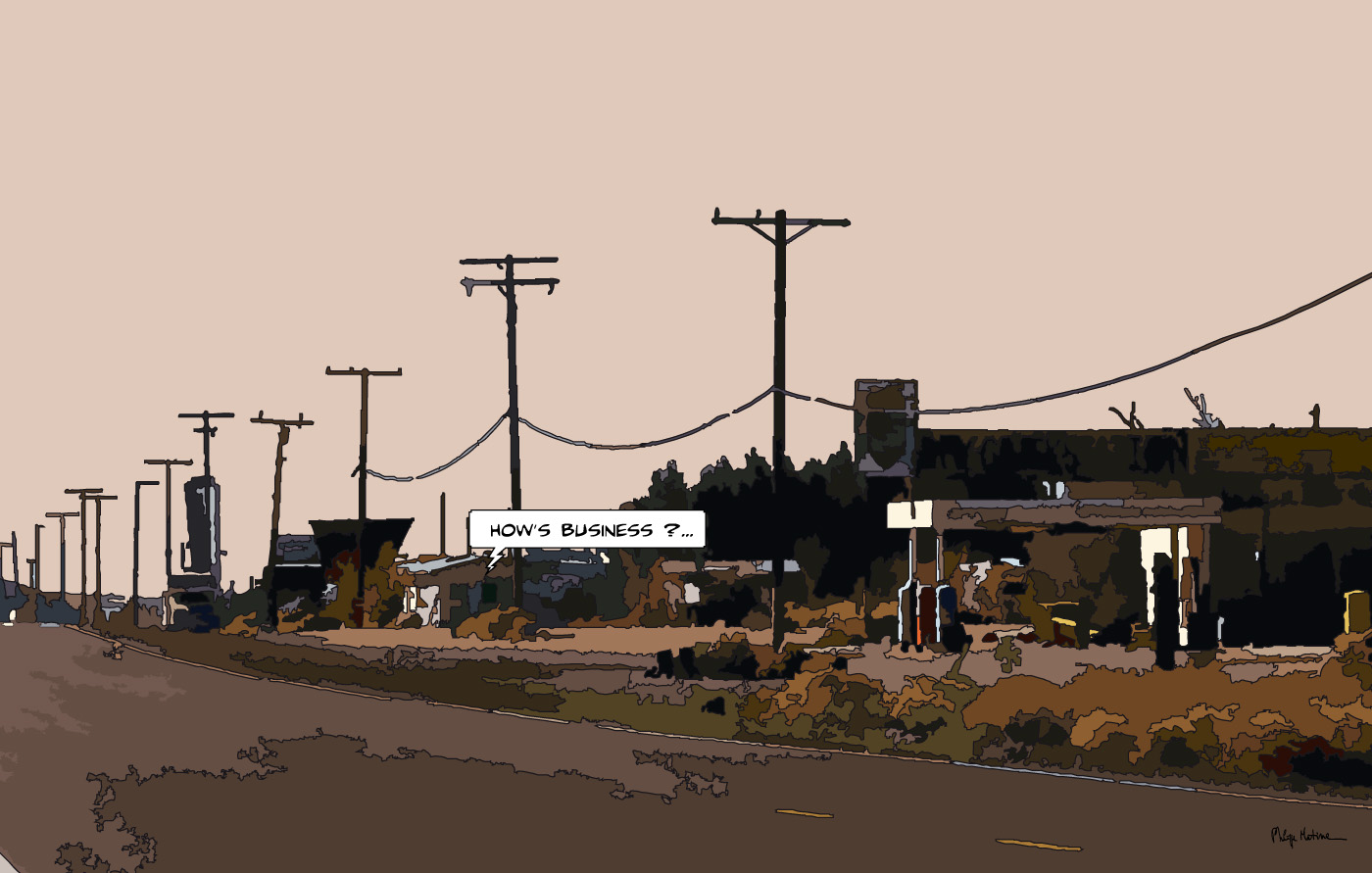 Route 66 Bagdad California désert — art Ligne Claire West — Philippe Matine