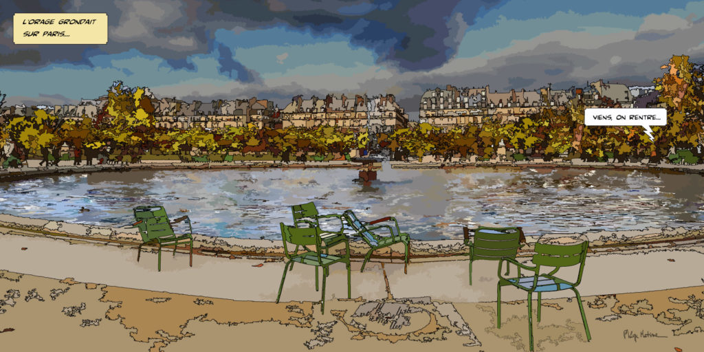 Jardin des Tuileries chaises vertes — art Ligne Claire Paris — Philippe Matine