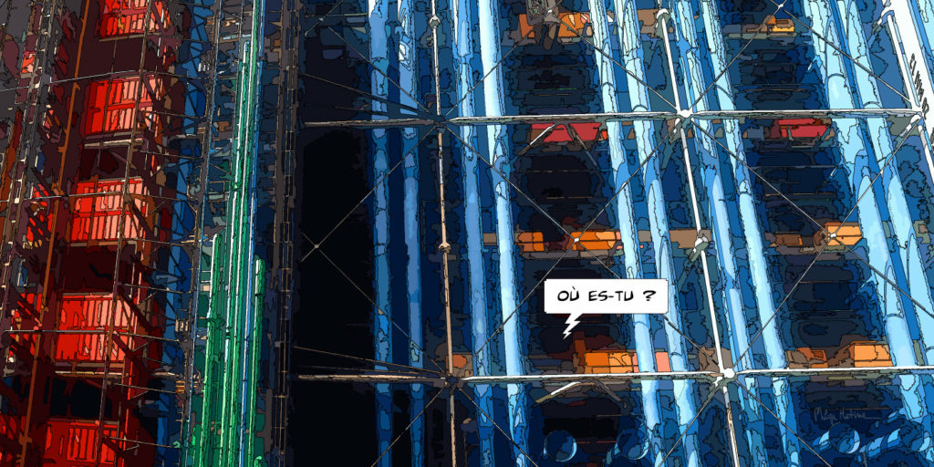 Détail de la façade du Centre Pompidou côté rue Beaubourg— art Ligne Claire Paris — Philippe Matine
