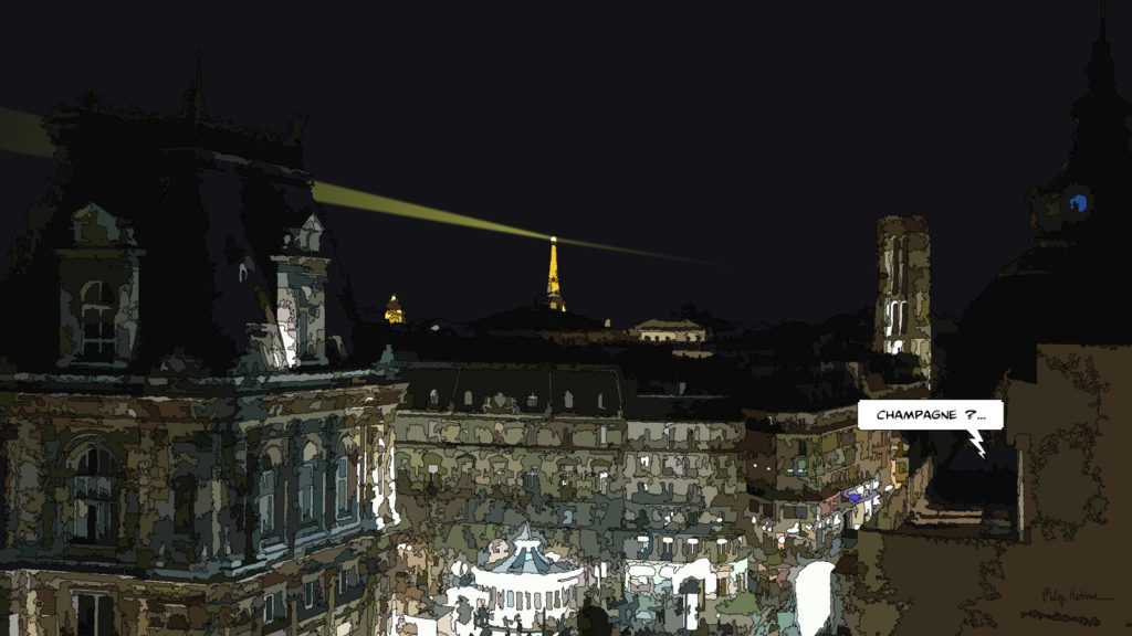Vue de l'Hôtel de Ville de Paris et le faisceau de la Tour Eiffel Paris nuit festive — art Ligne Claire Paris — Philippe Matine