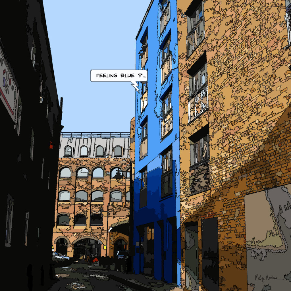 Immeuble bleu Londres architecture — art Ligne Claire London — Philippe Matine