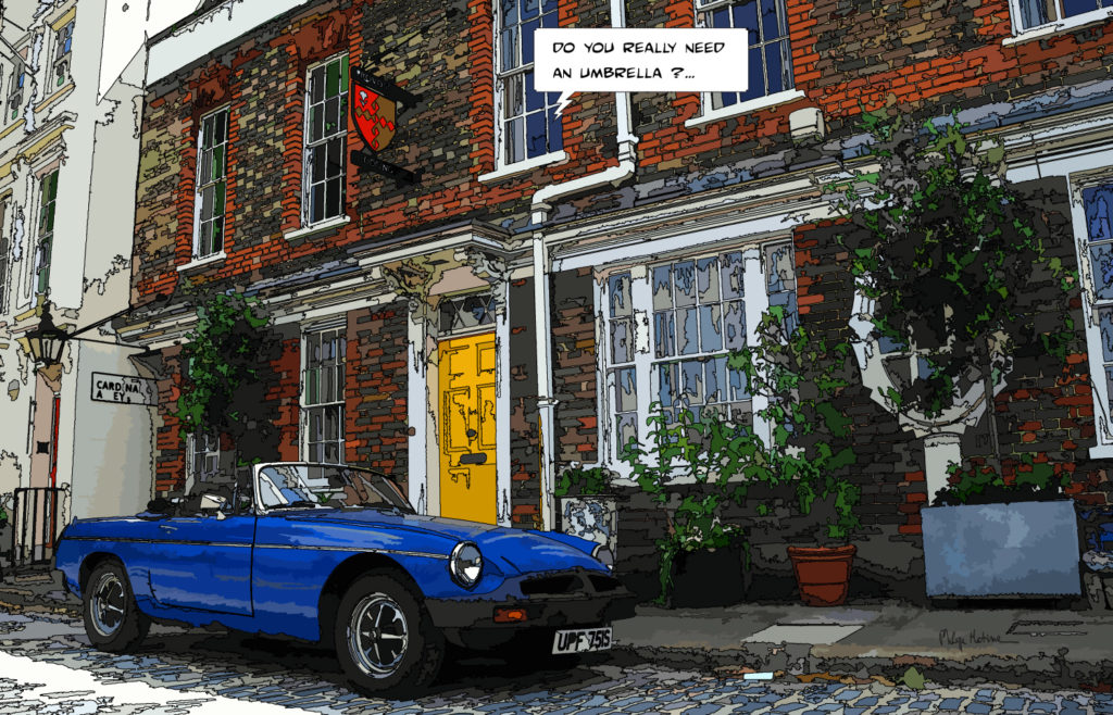 MG bleue vintage Londres parapluie — art Ligne Claire London — Philippe Matine