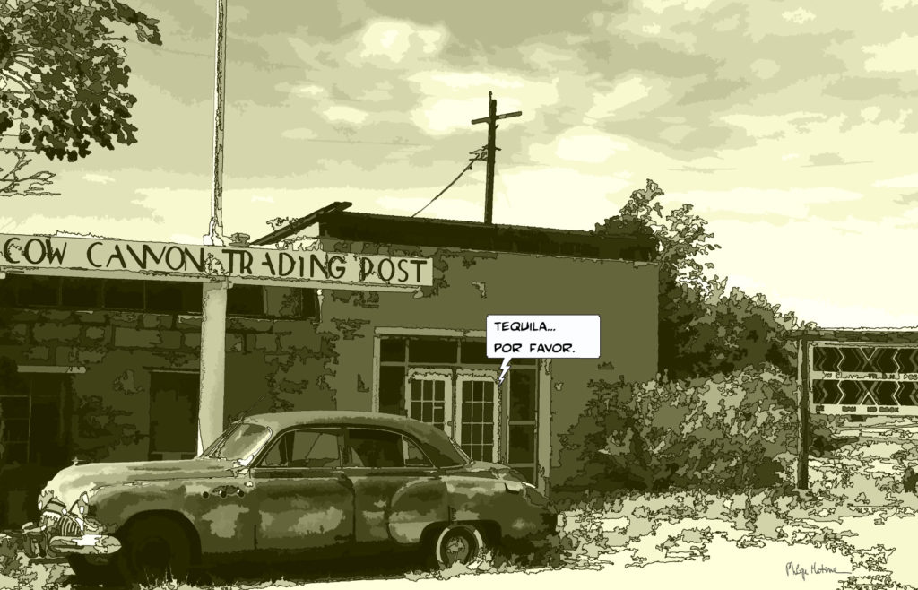 Buick vintage sépia station service — art Ligne Claire Motors — Philippe Matine