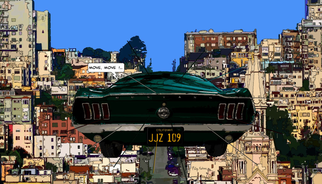 Mustang verte Bullitt San Francisco — art Ligne Claire San Francisco — Philippe Matine