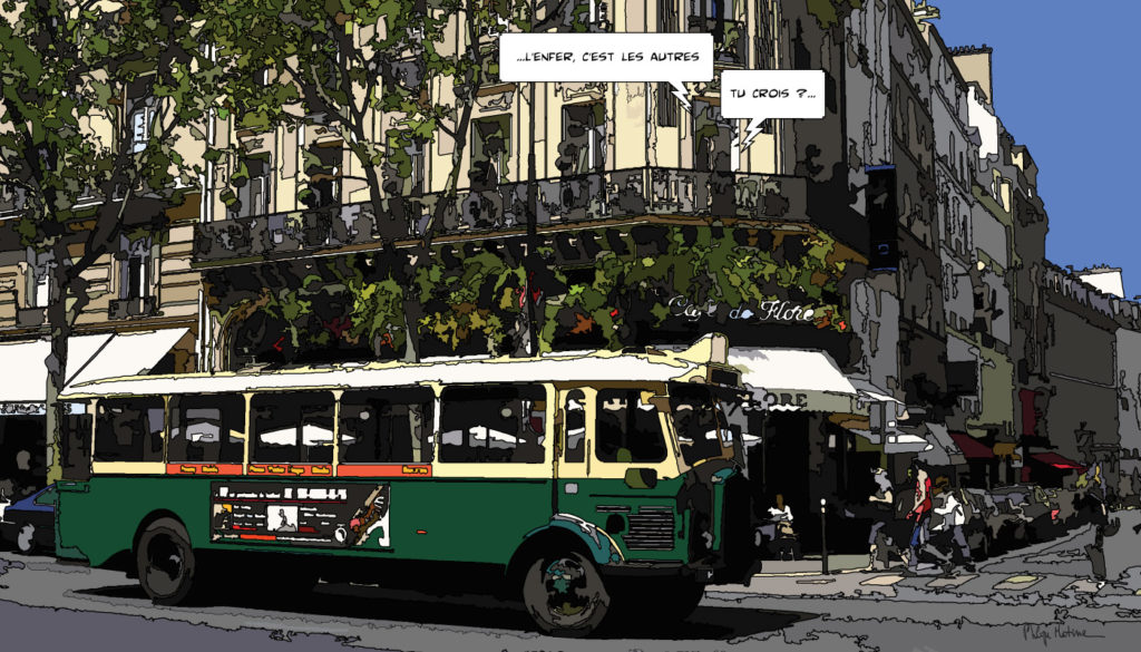 Ancien bus parisien devant le Café de Flore Paris — art Ligne Claire Paris — Philippe Matine