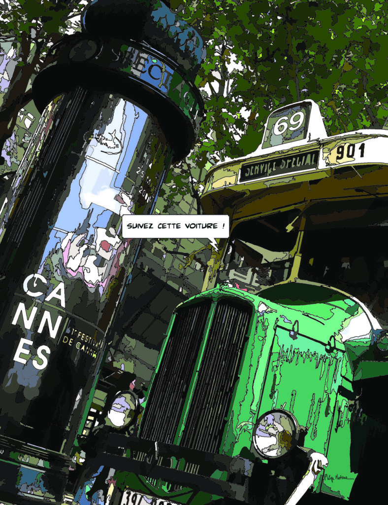 Ancien bus vert et colonne Morris, rues de Paris — art Ligne Claire Paris — Philippe Matine
