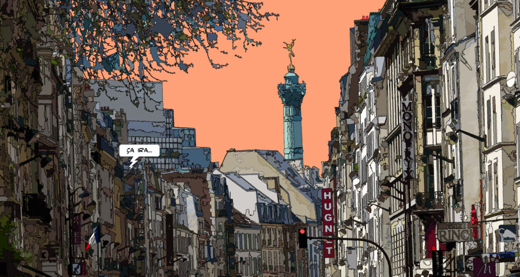 Colonne de Juillet, place de la Bastille, faubourg St Antoine Paris — art Ligne Claire Paris — Philippe Matine
