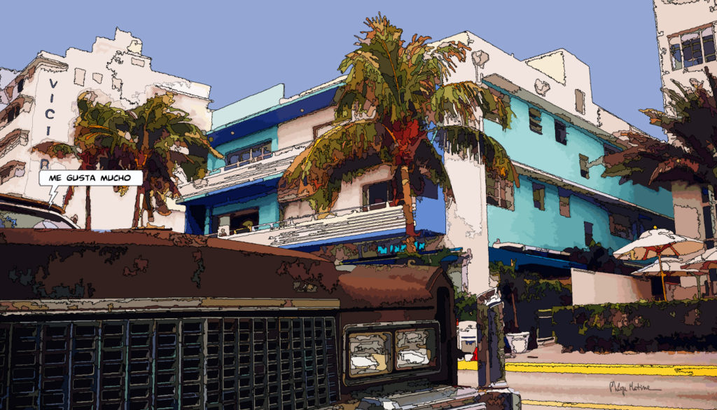 Cadillac Victor Miami palmiers — art Ligne Claire Miami — Philippe Matine