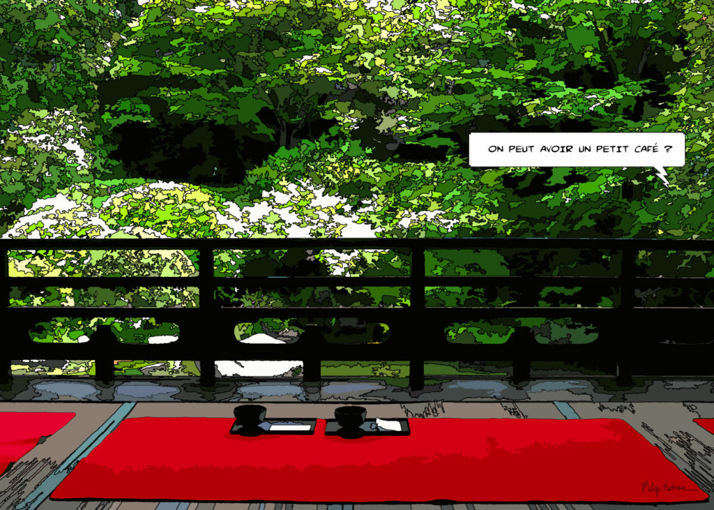 Café japonais façade rouge — art Ligne Claire Japon — Philippe Matine