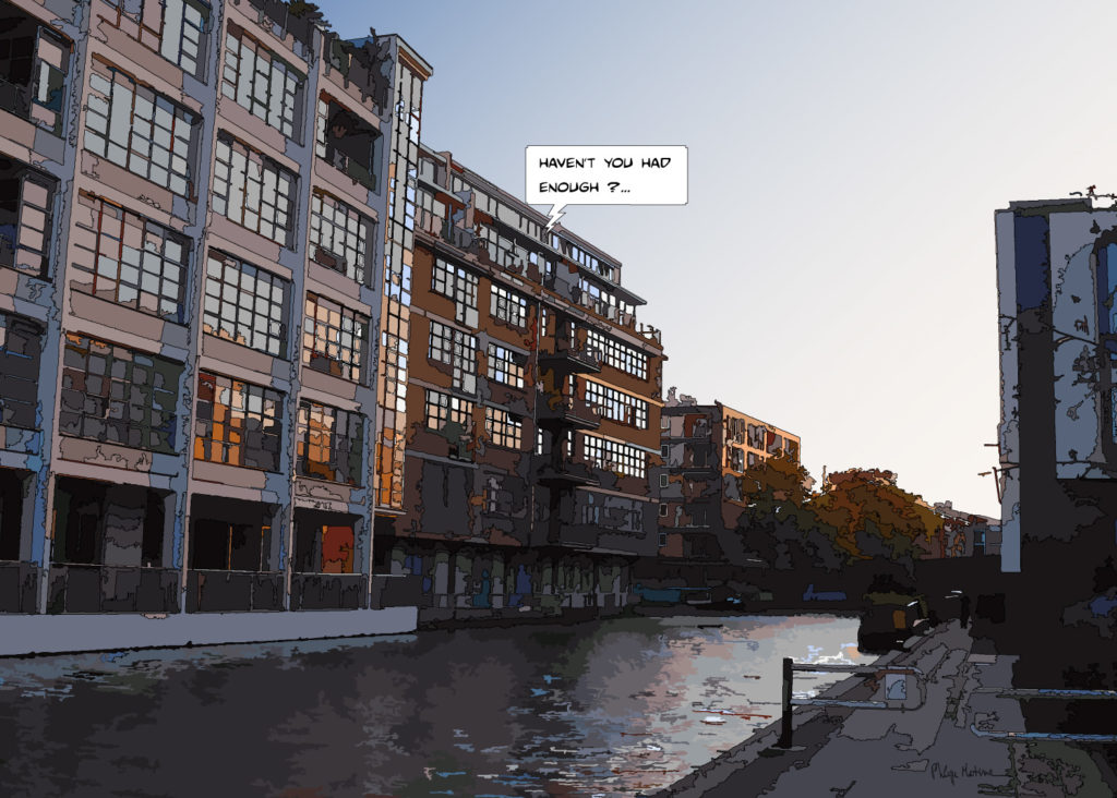 Canal londonien et immeubles modernes — art Ligne Claire London — Philippe Matine