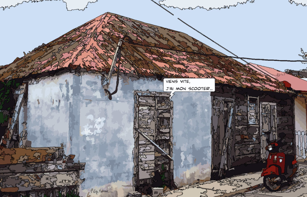 Case créole avec scooter Antilles — art Ligne Claire Antilles — Philippe Matine