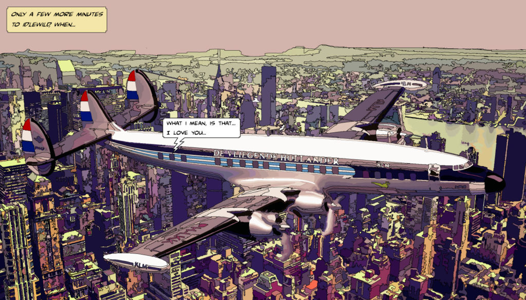 Un SuperConstellation survole New-York — art Ligne Claire New York — Philippe Matine