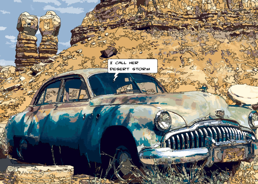 Rusted Mercury tempête du désert — art Ligne Claire Motors — Philippe Matine