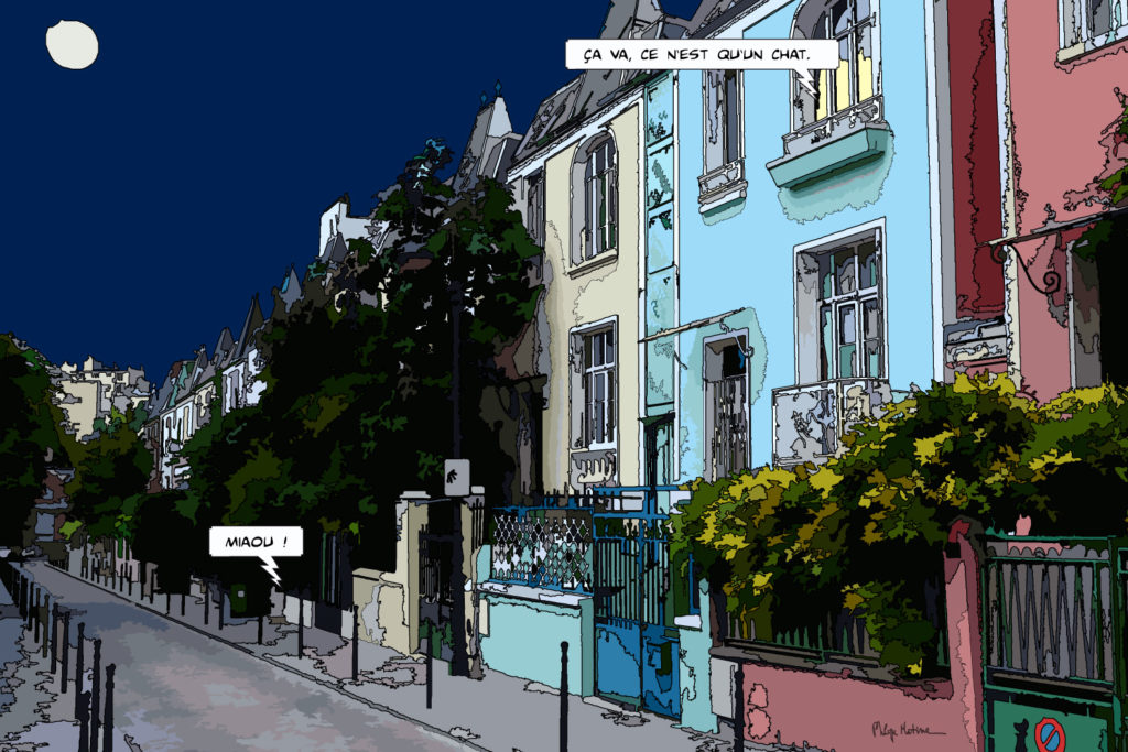 Rue Dieulafoy Paris maisons colorées — art Ligne Claire Paris — Philippe Matine
