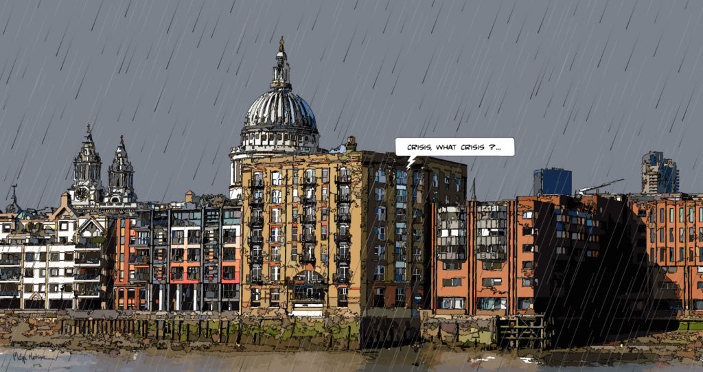 Docklands Londres crise immobilière — art Ligne Claire London — Philippe Matine