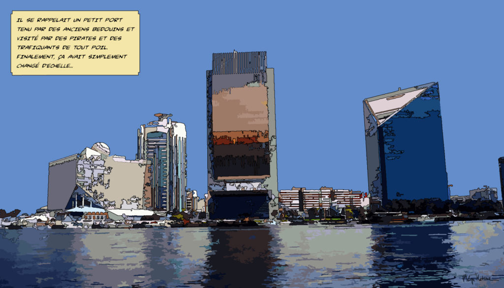Port de Dubai gratte-ciels et marina — art Ligne Claire Dubai — Philippe Matine