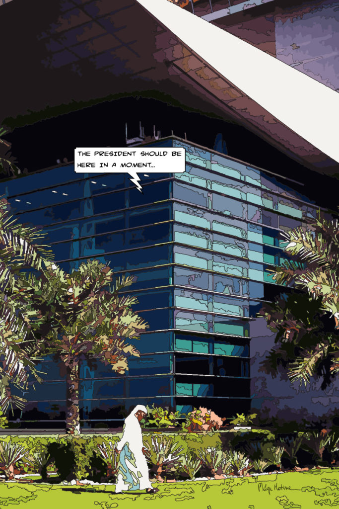 Immeuble Dubaï et palmiers — art Ligne Claire Dubaï — Philippe Matine
