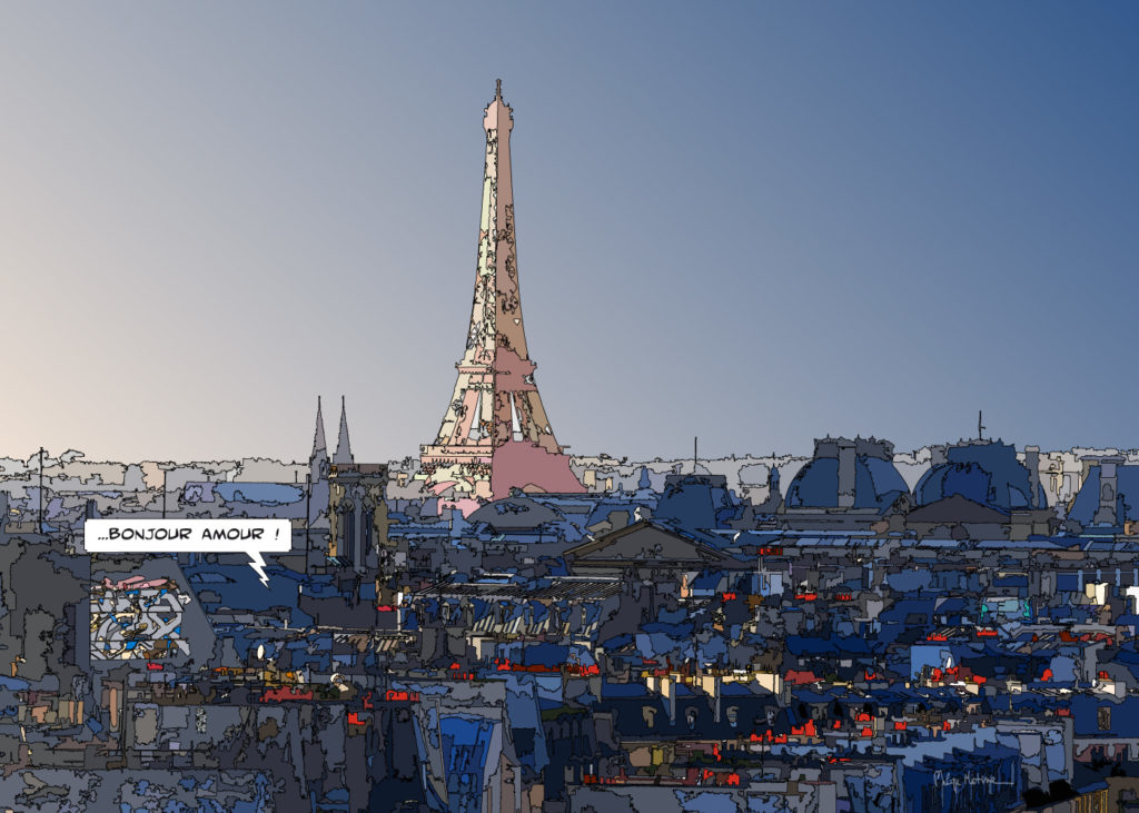 Tour Eiffel Paris vue depuis les toits au matin — art Ligne Claire Paris — Philippe Matine
