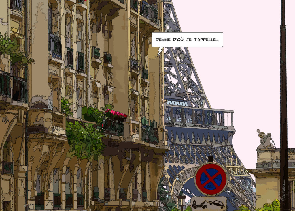 Rue parisienne avec Tour Eiffel en arrière-plan — art Ligne Claire Paris — Philippe Matine
