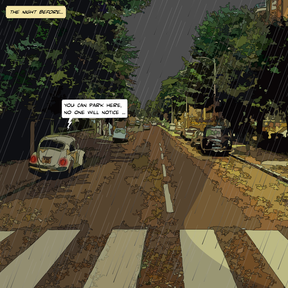 Hommage Abbey Road Beatles passage piéton — art Ligne Claire Hommages — Philippe Matine