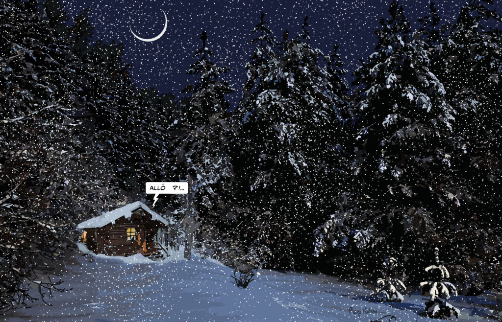 Cabane de montagne la nuit sous la neige — art Ligne Claire Montagne — Philippe Matine