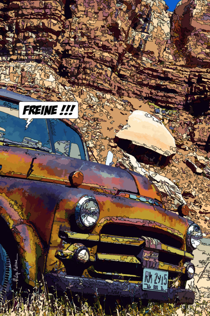Voiture américaine vintage freinage — art Ligne Claire Motors — Philippe Matine