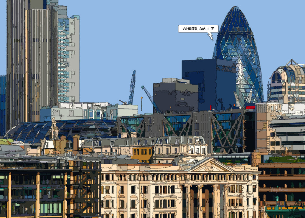 Londres vue moderne Shard et gratte-ciels — art Ligne Claire London — Philippe Matine