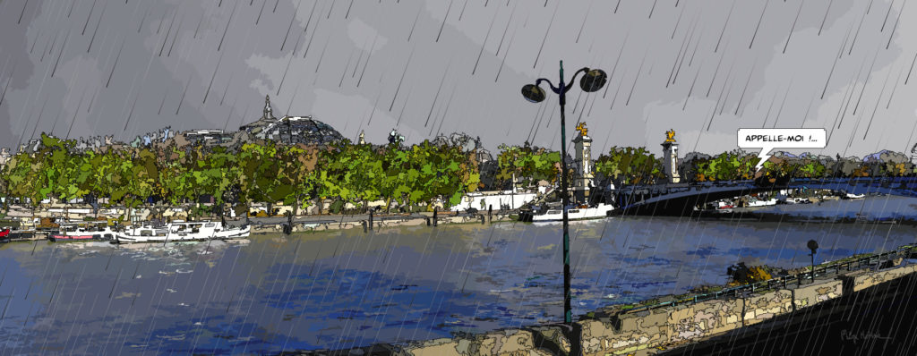 Pont parisien et bords de Seine un jour de pluie — art Ligne Claire Paris — Philippe Matine