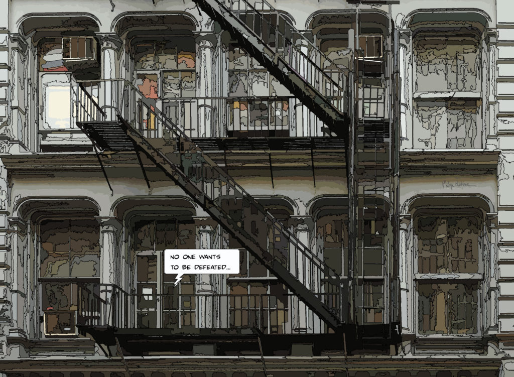 Immeuble gris New York escaliers de secours — art Ligne Claire New York — Philippe Matine