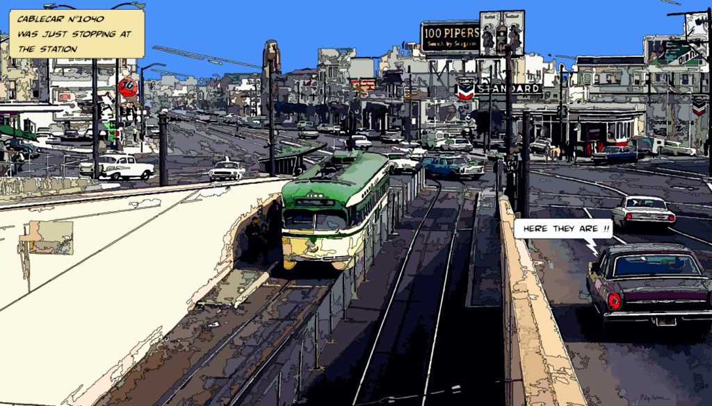 Cable car San Francisco rue en pente — art Ligne Claire San Francisco — Philippe Matine
