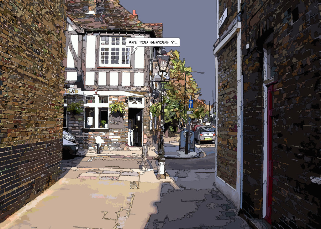 Pub londonien façade tudor — art Ligne Claire London — Philippe Matine