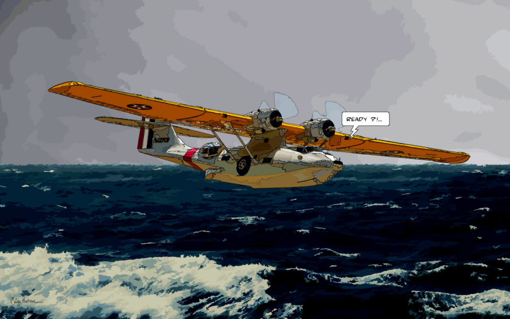 Hydravion jaune sur l'eau — art Ligne Claire Motors — Philippe Matine
