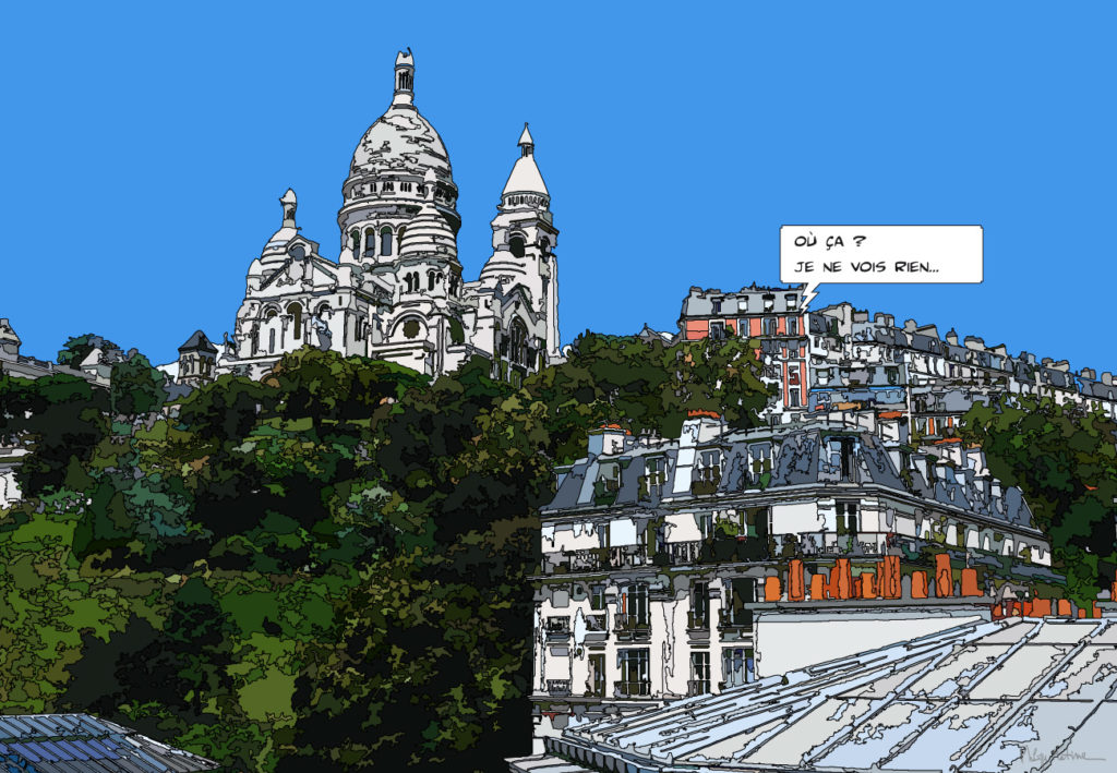 Sacré-Cœur Montmartre Paris vue depuis la ville — art Ligne Claire Paris — Philippe Matine