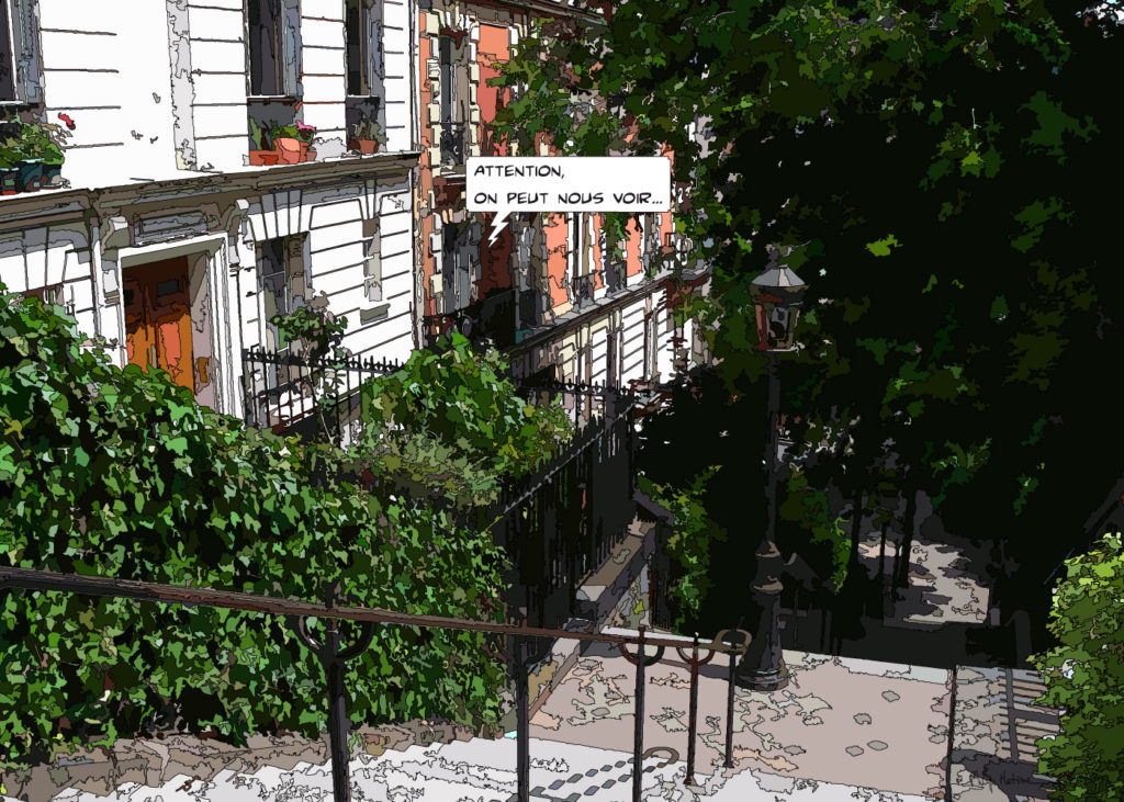 Rue en escaliers sur la Butte Montmartre — art Ligne Claire Paris — Philippe Matine