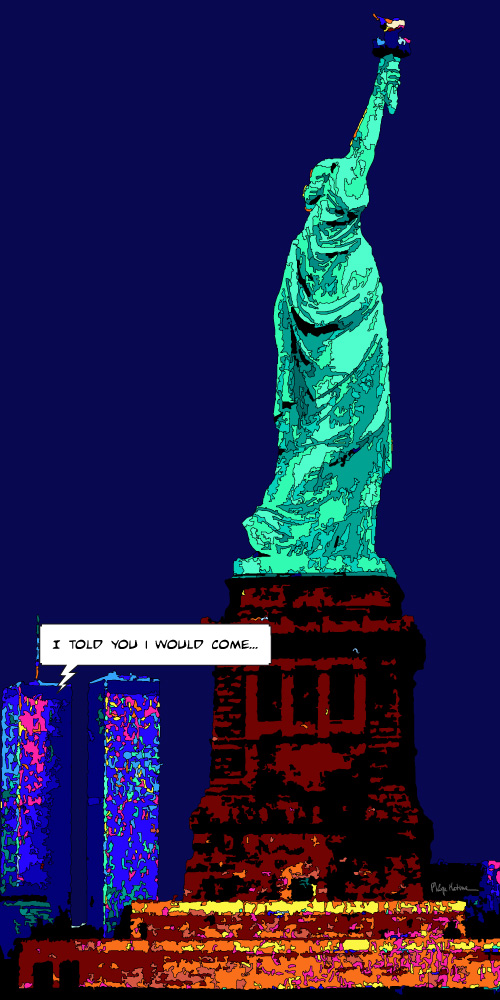 Statue de la Liberté New York illuminée la nuit — art Ligne Claire New York — Philippe Matine