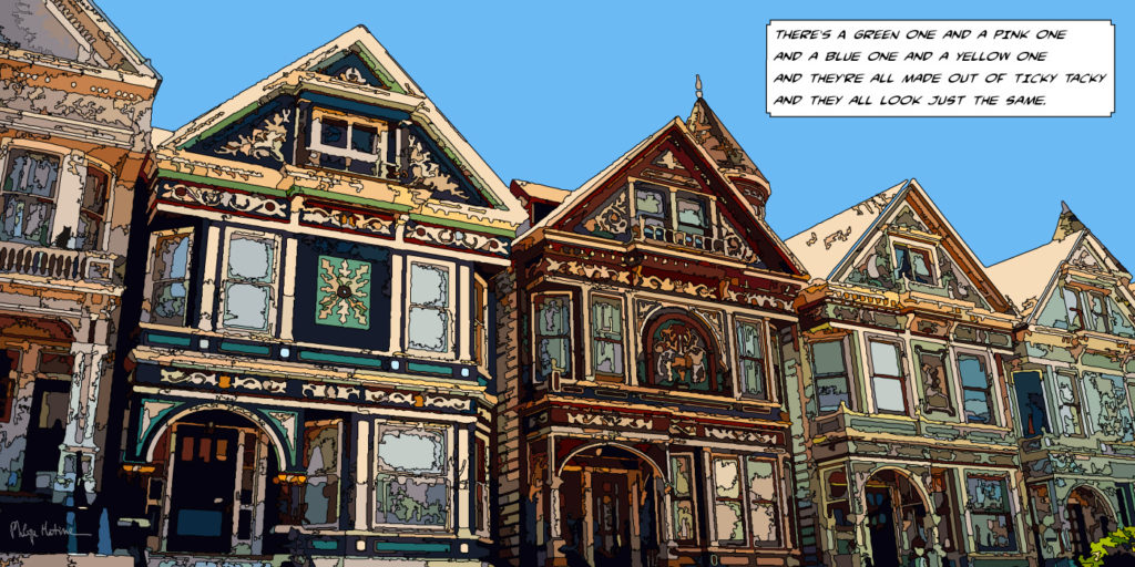 Maisons victoriennes colorées San Francisco — art Ligne Claire San Francisco — Philippe Matine