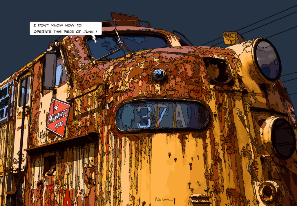 Train jaune rouillé abandonné — art Ligne Claire Motors — Philippe Matine