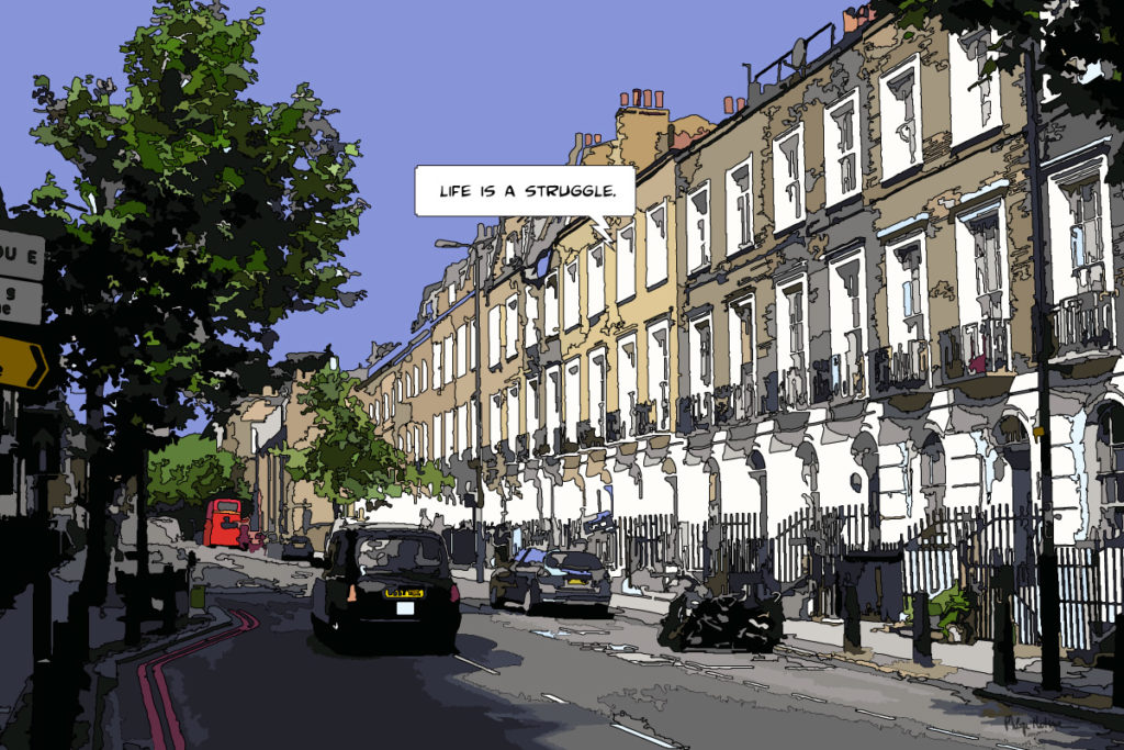 Vie londonienne rues résidentielles — art Ligne Claire London — Philippe Matine