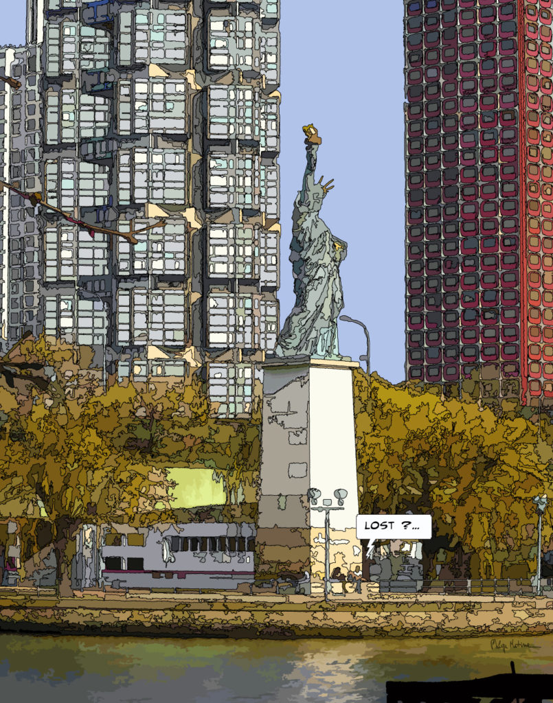 Statue de la Liberté parisienne et jardins d'automne — art Ligne Claire Paris — Philippe Matine