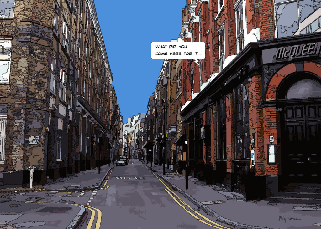 Rue londonienne typique pubs — art Ligne Claire London — Philippe Matine