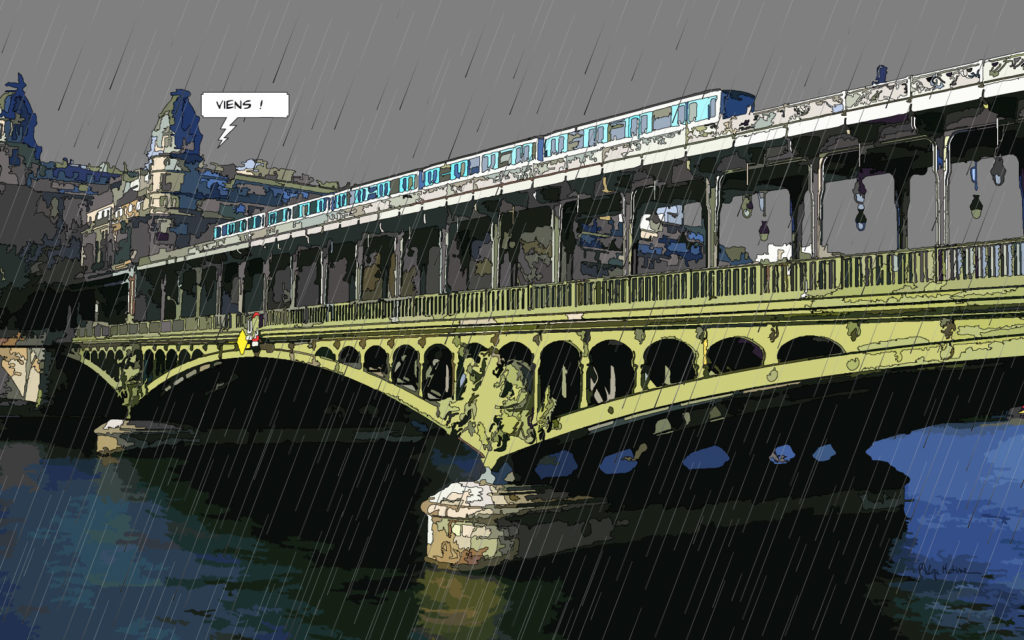 Le métro passe sur le pont Bir-Hakeim — art Ligne Claire Paris — Philippe Matine