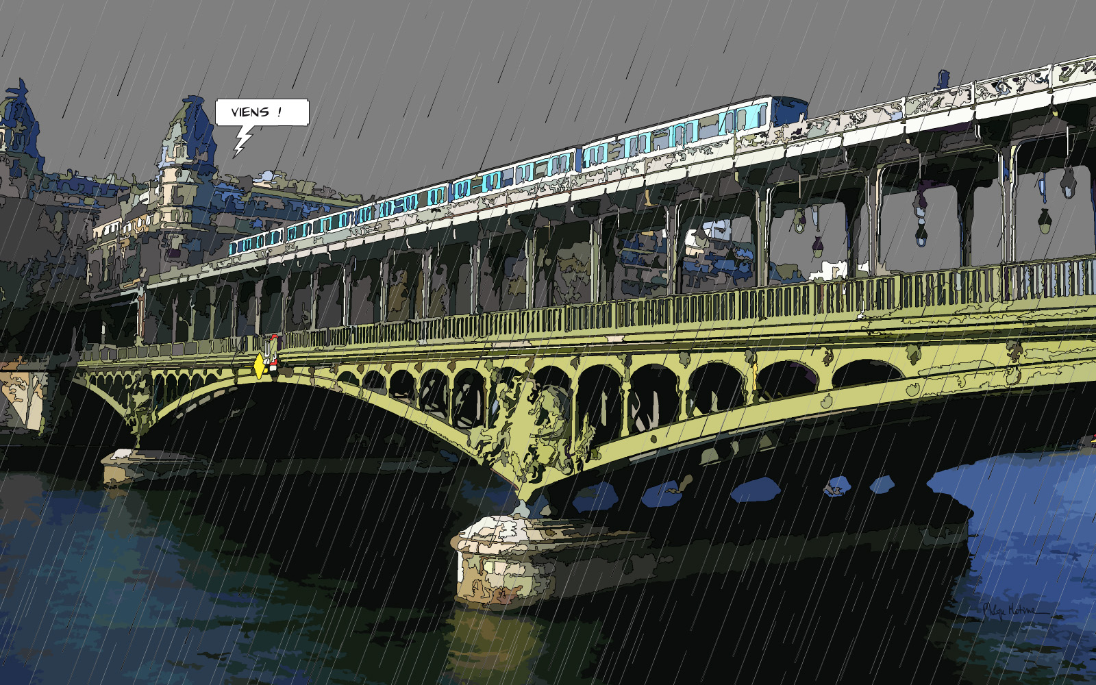 Le métro passe sur le pont Bir-Hakeim — art Ligne Claire Paris — Philippe Matine