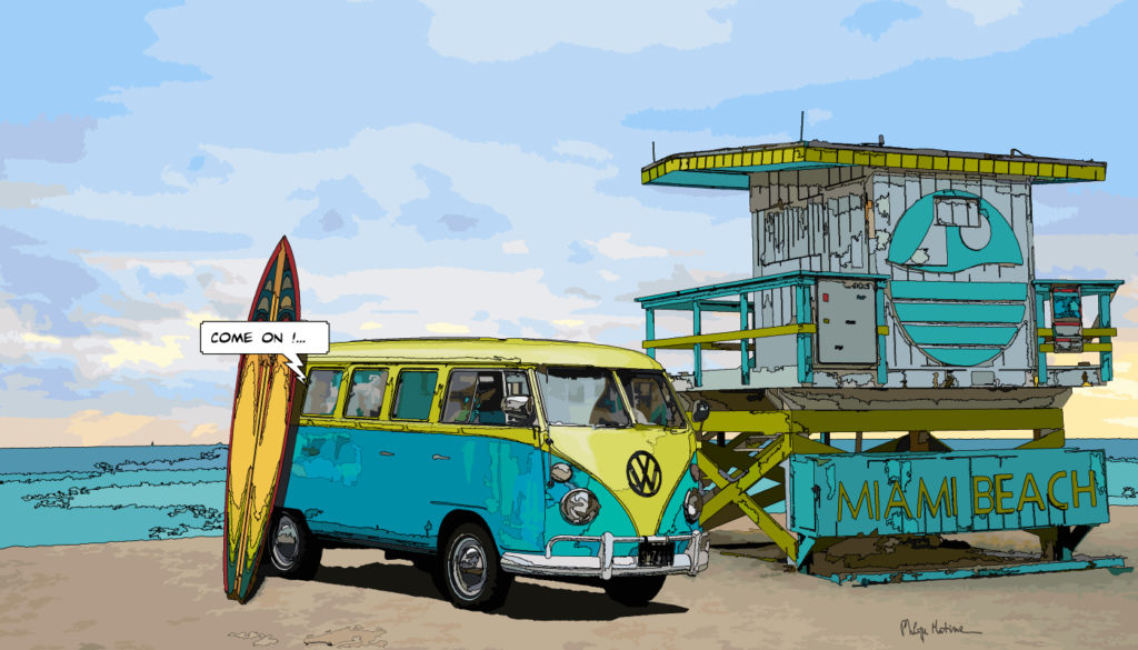 Combi VW jaune Ocean Drive Miami — art Ligne Claire Miami — Philippe Matine