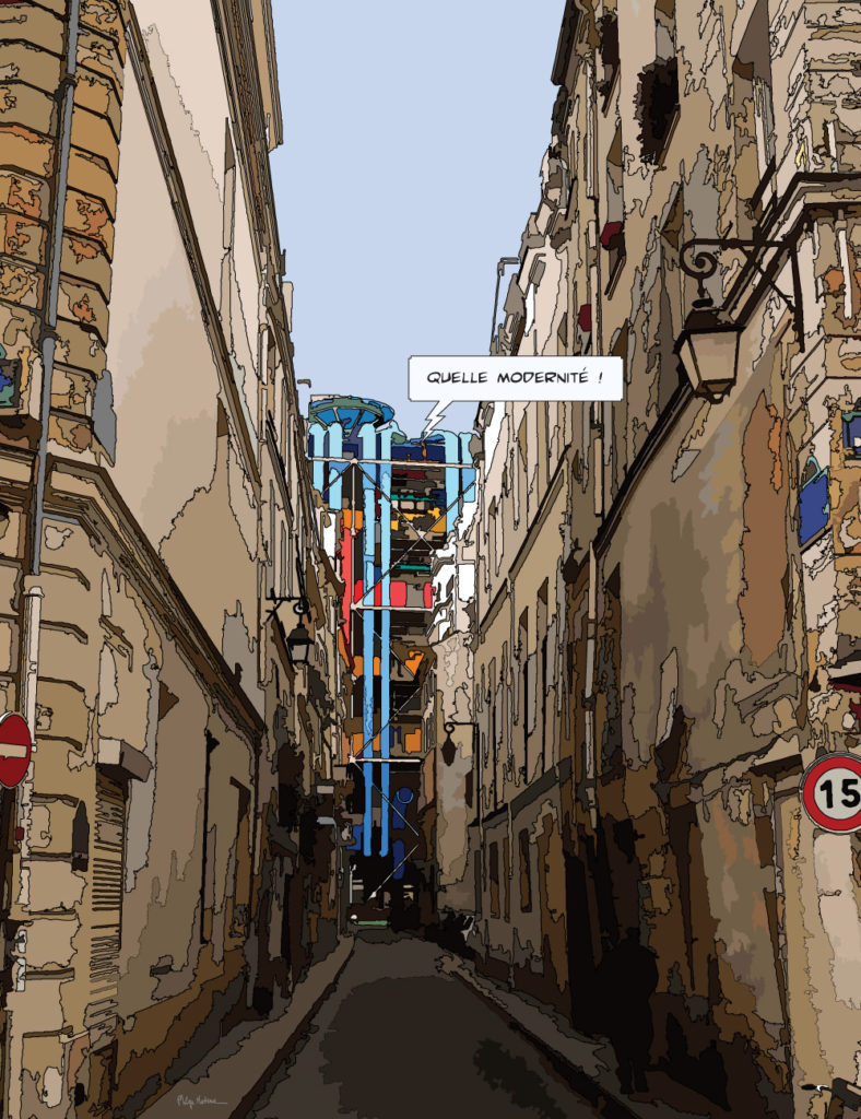 Centre Beaubourg au bout de sa ruelle — art Ligne Claire Paris — Philippe Matine