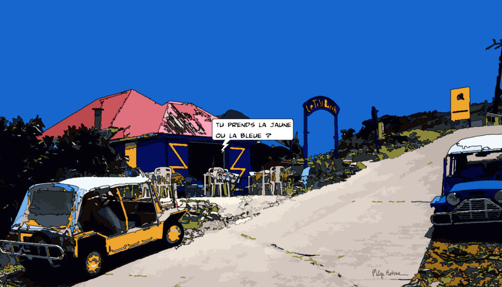 Mokes voiturettes Antilles route — art Ligne Claire Antilles — Philippe Matine