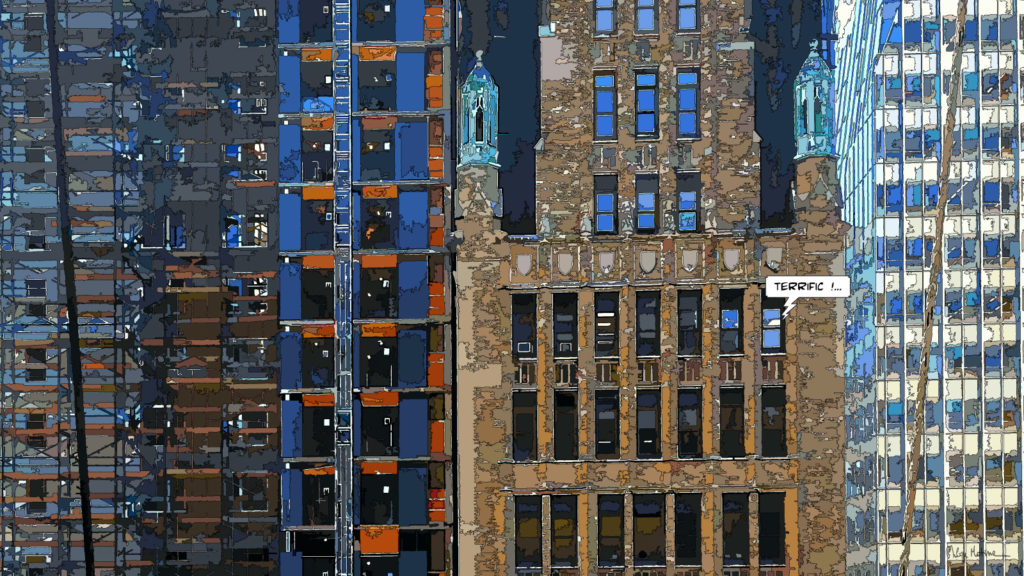 Gratte-ciels de Manhattan New York vue plongeante — art Ligne Claire New York — Philippe Matine